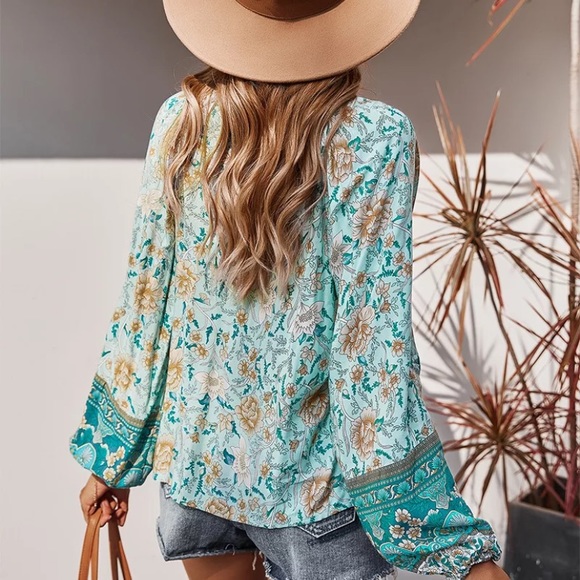 Turquoise Floral Bohemian Peasant Blouse - Picture 3 of 6